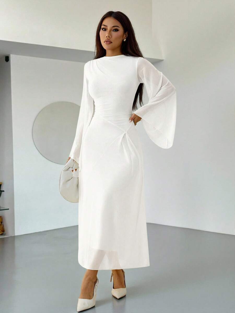 SHEIN PETITE 不对称下摆，喇叭袖，优雅褶皱领口中长连衣裙，浅黄色，娇小码高级款 - 白色 - 查看 1