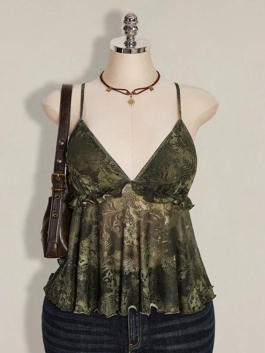 SHEIN ICON Top regata plus size feminino com estampa de plantas e barra com babados, ideal para férias e festas rave. - Verde de Exercício - Ver 1