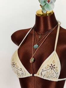 Amplova 女士三角杯串珠刺绣波西米亚风度假背心两件套，绿色，性感前卫 - 杏色 - 查看 4