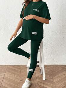 SHEIN 2pcs Maternity Letter Print T-Shirt And Leggings Set - Dark Green - View 8