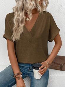 SHEIN LUNE Women's Solid Color V-Neck Short Sleeve Casual Versatile T-Shirt - Coffee Brown - View 4