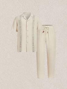 Mercer Haus Men's Apricot Solid Lapel Woven Shirt Set, Vacation, Button, Pocket, Button Front, Summer, Matching Set, Lightweight, Breathable, Cool, Casual Boyfriend,Husband,Father Gift - Apricot - View 1