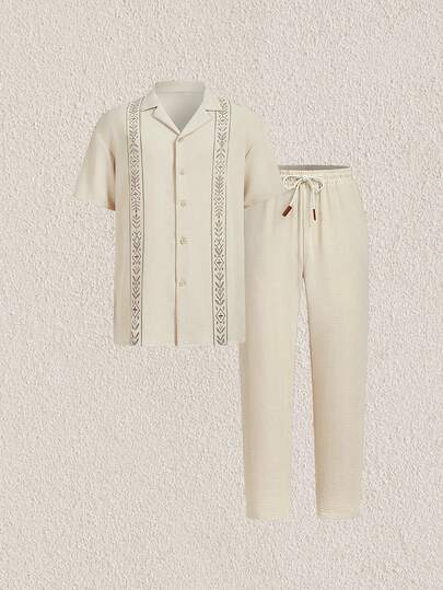 Mercer Haus 男士褶皱面料短袖印花衬衫+抽绳松紧腰裤套装，送给男友或丈夫的最佳礼物，适合度假、派对、休闲穿着，舒适百搭，尤其适合在夏威夷享受夏季热带假期。