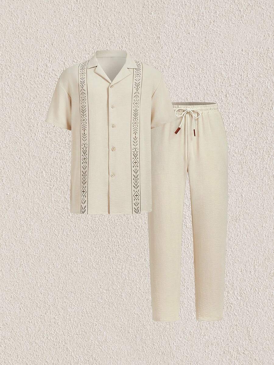 Mercer Haus Men's Apricot Solid Lapel Woven Shirt Set, Vacation, Button, Pocket, Button Front, Summer, Matching Set, Lightweight, Breathable, Cool, Casual Boyfriend,Husband,Father Gift - Apricot - View 1