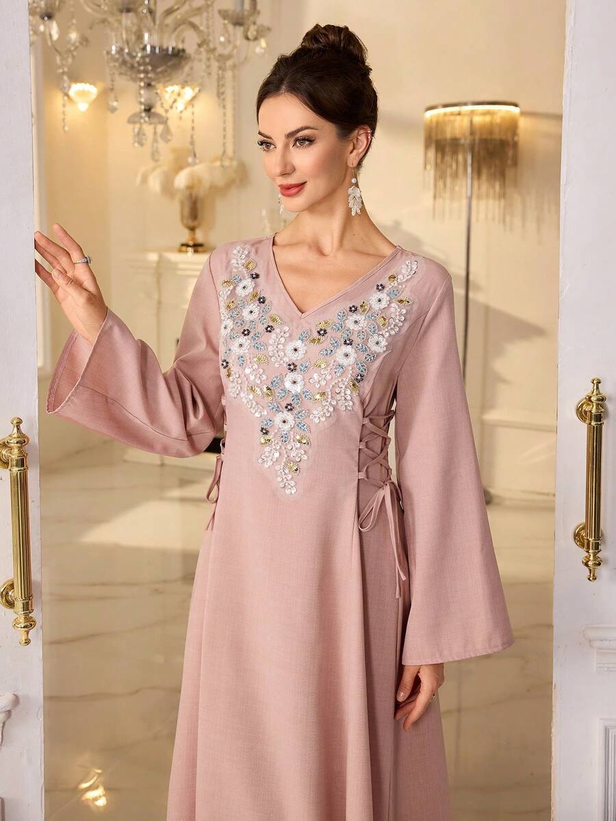 Yasmyna Vestido árabe con cintura anudada, muy bordado y con cuentas para mujer - Rosa - Ver 1