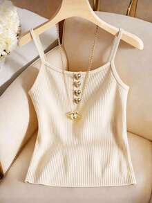 EMERY ROSE Top corto ajustado y sexy con cuello redondo, parte delantera semi-abierta, tirantes de espagueti, botones con forma de corazón, top de tirantes casual de manga corta para mujeres - Albaricoque - Ver 1