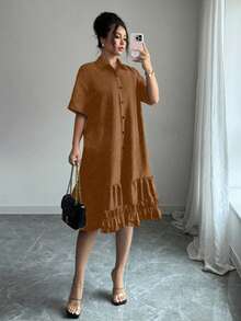 Selianne Đầm nữ mùa hè dáng rộng, thiết kế nghệ thuật, viền bèo nhún, phối nhiều mảnh vải. - màu nâu - Xem 6