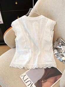 Franclia Blus Pendek Kasual Wanita Warna Polos dengan Hiasan Renda Bordir untuk Kantor (Croptop) - Putih - View 2