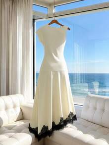 SHEIN Franclia Đầm nữ màu be, xếp ly eo, viền ren đen, dài đến đầu gối. - Màu be - Xem 2