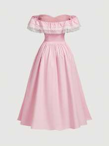 SHEIN MOD 大码女士露肩蕾丝拼接粉色浪漫连衣裙，适合情人节、婚礼、优雅场合，可作为婚礼宾客礼服、春夏装、下午茶派对装、田园风连衣裙、节日、生日、节日下午茶派对礼服、生日礼服、优雅连衣裙、度假装、粉色连衣裙、修身款、粉色下午茶派对礼服、花园派对正式礼服、长款粉色连衣裙 - 粉色 - 查看 2