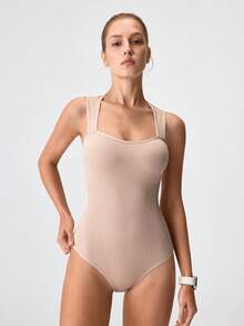 Loungeista 1件女款素色無縫腰部收緊內褲連身衣黑色細肩帶三角內褲塑身衣休閒腹部控制塑身衣婚禮連身衣女款塑身連身衣女款塑身衣羅紋連身衣夏季適用 - 杏色 - 查看 3