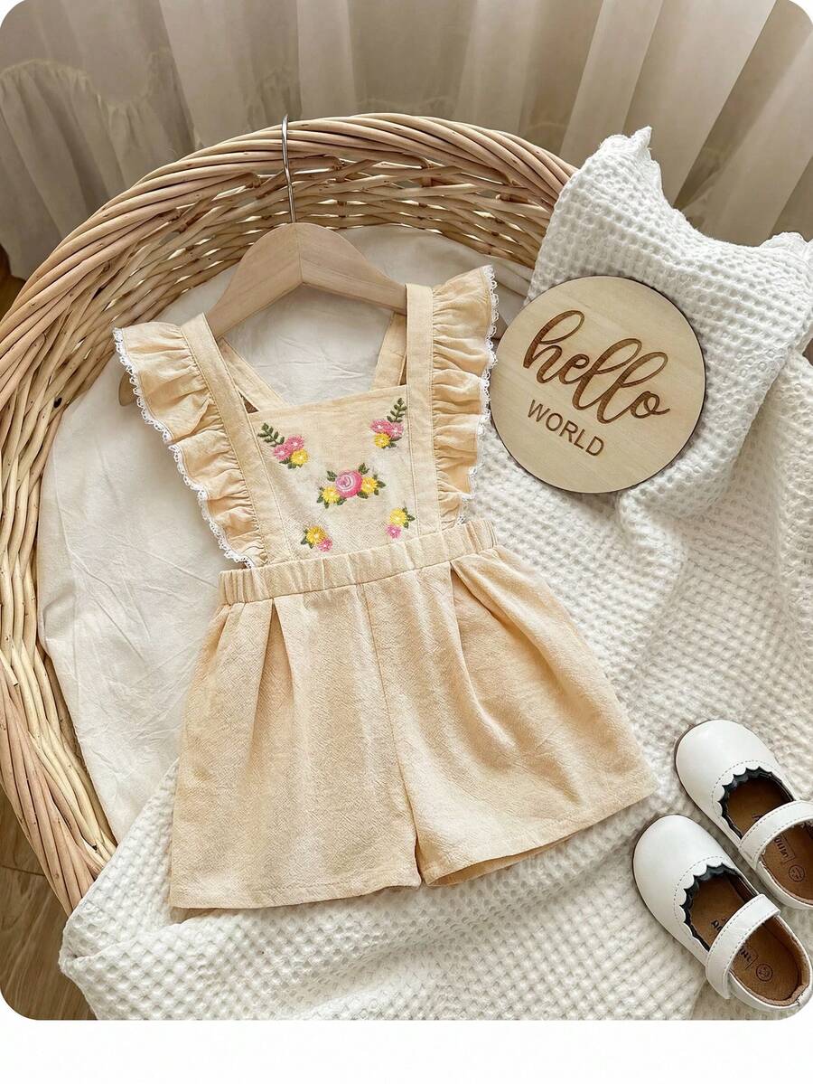 SHEIN LMoss Kids 女婴休闲度假驼色碎花荷叶边下摆连体衣 - 杏色 - 查看 1