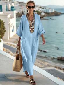 SHEIN Holidaya Đầm mùa hè mới, cổ chữ V, chất liệu giả vải lanh, dáng rộng thoải mái. - Màu xanh lam - Xem 4