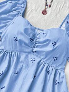 Flirla Plus Size Spring/Summer Pink Scoop Neck Cute Romantic Casual College Vacation Versatile Lantern Sleeve Bow Chest Ruffle Print Blouse - Blue - View 5