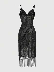 Whyspr Plus Size Women's Sexy Mesh Flocked Patchwork Tassel Design Sleeveless Drawstring Waist Dress - Black - View 2