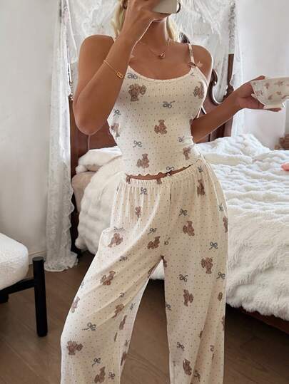 CottageSlumber Women's Romantic Bow Decor Teddy Bear Polka Dot Bow Print Camisole And Pants Pajama Set