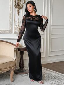 Modelyn Women's Elegant Black Contrast Lace Long Sleeve Fitted Mid-Length Satin Dress,Autumn Dining Evening Party Formal Wear,Luxury Night Out Zanea Dresses - Black - View 5