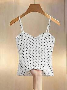 Franclia Áo hai dây cổ ngọc trai chấm bi kiểu retro, áo crop top thanh lịch thắt eo, thích hợp cho buổi trà chiều với bạn bè / trang phục nhẹ nhàng cho bữa brunch ngoài vườn dịp Lễ Phục Sinh. - Đen và trắng - Xem 2