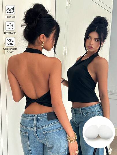 Siren Gaze Áo hở lưng cổ yếm màu trơn gợi cảm dành cho nữ, thích hợp cho mùa hè.