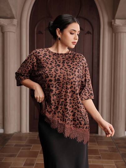 Graceveil Women's Leopard Print Round Neck Loose Casual Short Sleeve T-Shirt