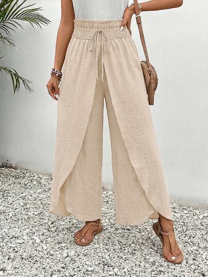 SHEIN Frenchy Quần ống rộng dáng suông, cạp chun, vạt chéo, họa tiết in toàn thân, thắt nút.