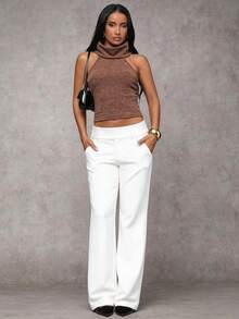 SHEIN BAE 97% Cotton Casual & Formal White Pants For Women - White - View 7