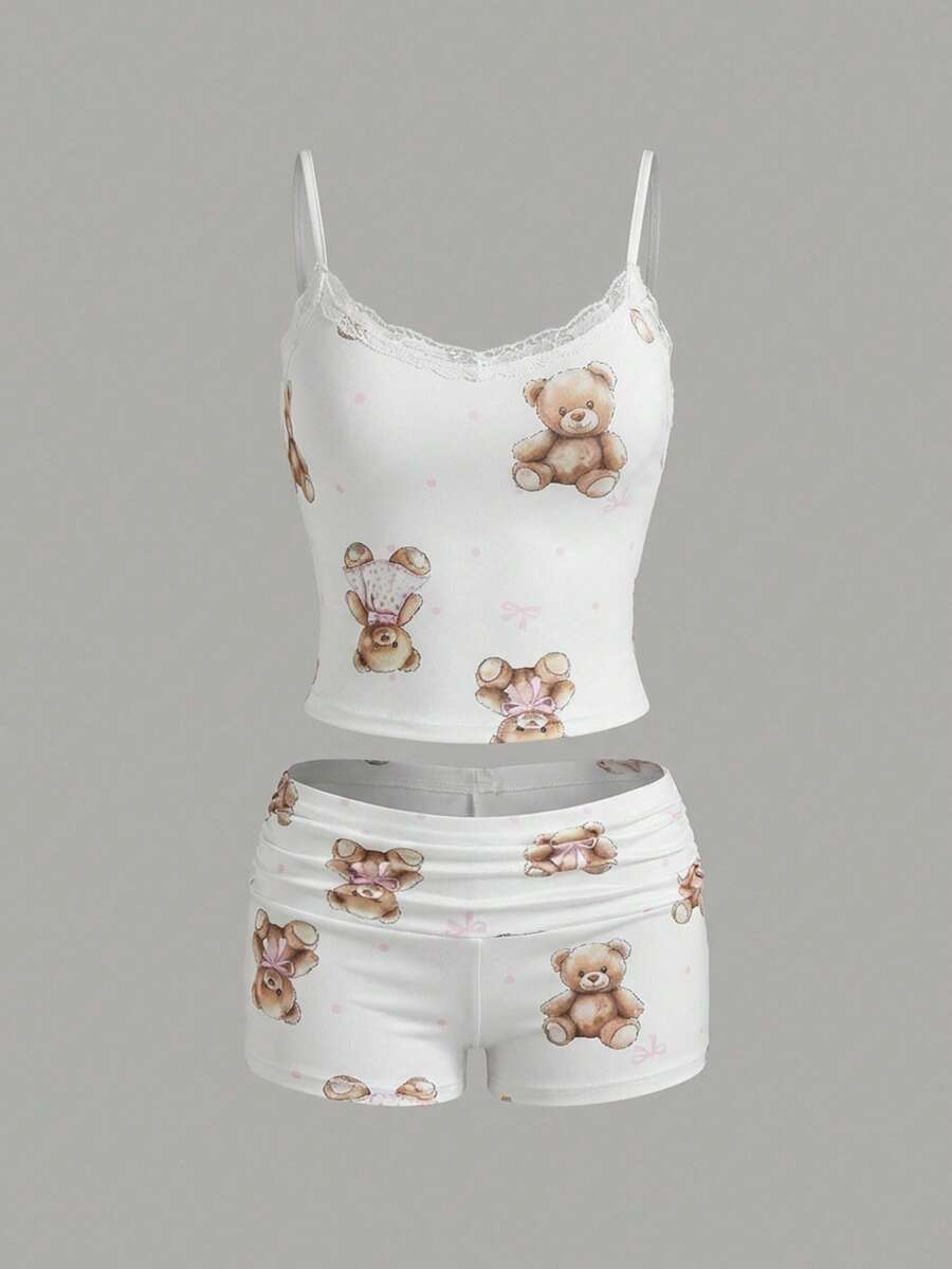 SHEIN PETITE 2pcs Cute Teddy Bear Bow Lace Detail Tank Top And Ruffle Trim Shorts Set For Women, Summer
