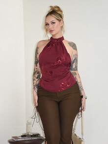 Arliah Áo crop top Y2K không tay cổ yếm, viền bất đối xứng, đính hạt, thêu gợi cảm dành cho nữ, mùa thu/đông - Đỏ - Xem 3