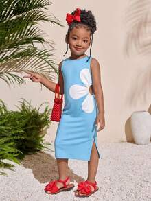 Young Girl Tropical Fashion Fuchsia Round Neck Waist Cutout A-Line Dress - Blue - View 4