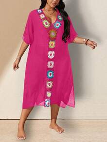 Swim Lushoire Plus Size Women Crochet Knit Cover Up Dress For Vacation - Hot Pink - View 3