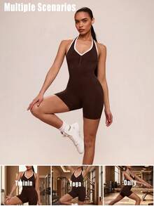 SHEIN BAE Contrast Trim Halter Backless Tight Sleeveless Jumpsuit - Coffee Brown - View 8