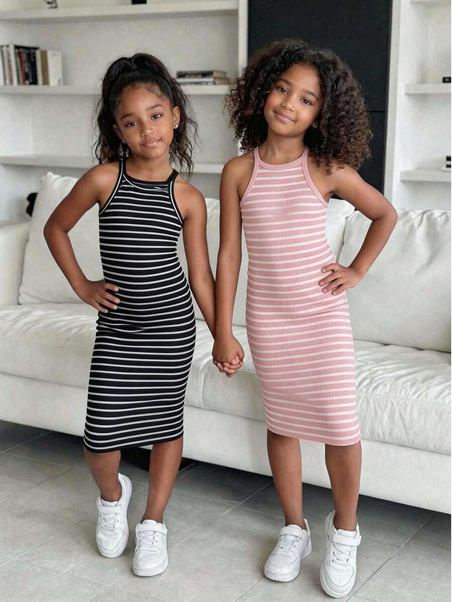 SHEIN Sparklyn Tween Girls' Casual Striped Camisole Dress Set - Multicolor - View 1