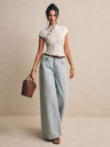 Poéselle 女士立领插肩袖修身时尚夏季T恤 - 杏色 - 查看 6