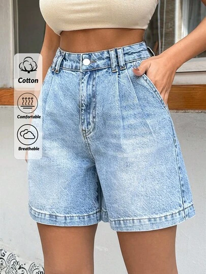 SHEIN Pantalones cortos rectos de corte detallado de cintura alta 100% algodón