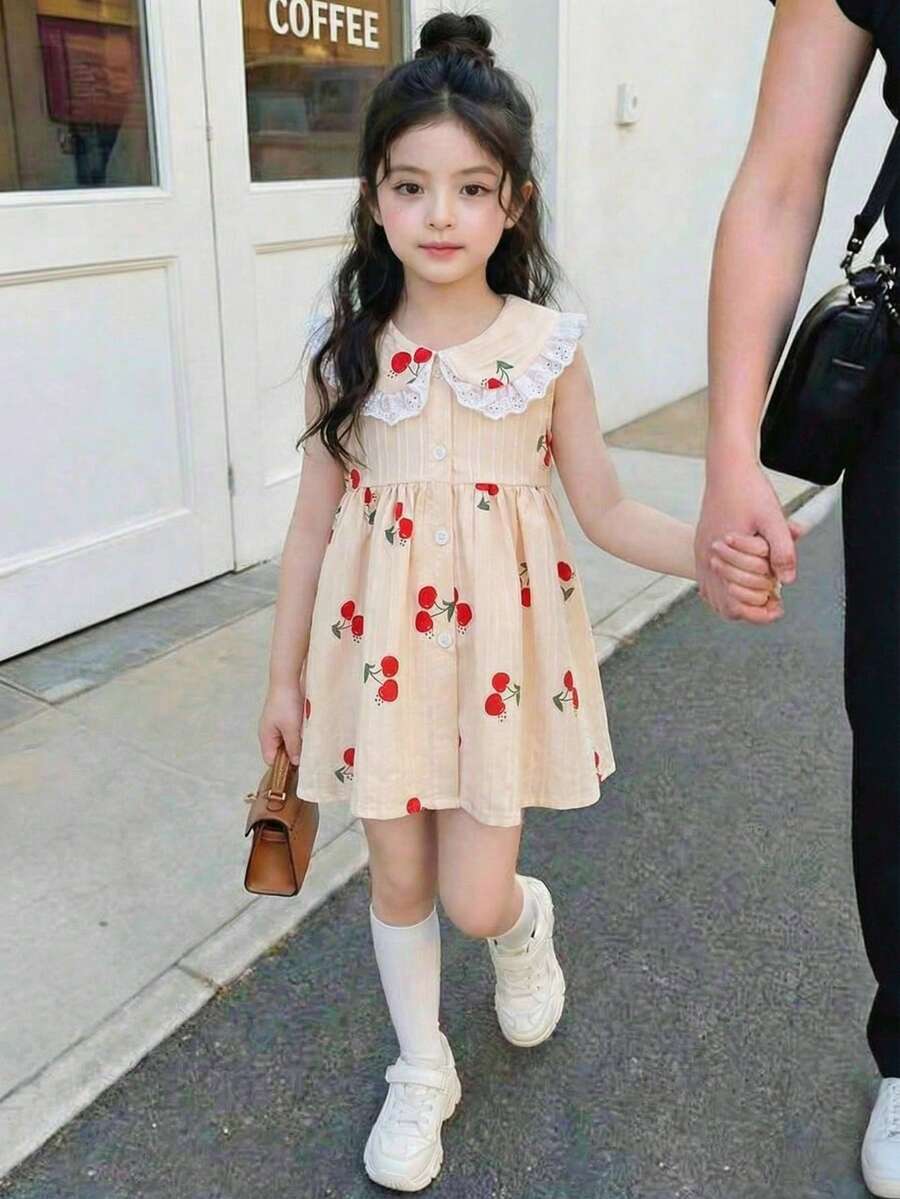 Young Girls' Cherry Print Sleeveless Tank Top With Ruffle Trim - Young Girl' Shirt - Apricot - View 1