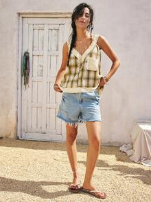 SoleilVie Áo tank top cổ chữ V phối họa tiết kẻ caro cổ điển, kiểu dáng rộng rãi, chất liệu móc len, không tay, viền họa tiết kẻ ô vuông. - Màu vàng - Xem 4