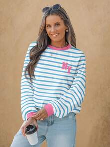 Wildy Áo sweatshirt nữ dáng rộng, cổ tròn, tay dài, họa tiết tối giản, màu xanh trắng kẻ sọc, phong cách thường ngày. - Nhiều màu - Xem 5