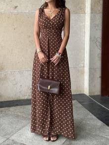 Rafferiza Bộ jumpsuit ống rộng bằng chiffon đính ngọc trai, cổ chữ V, eo xếp ly, thanh lịch, thích hợp làm trang phục dự tiệc cưới, màu tím. - Cà phê nâu - Xem 6