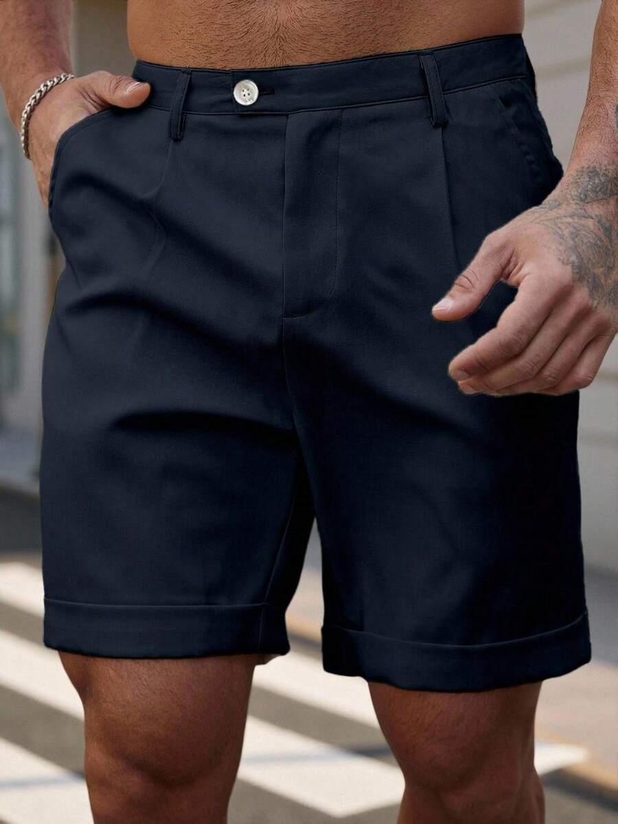 Manfinity Homme Plus Size Men's Solid Color Pleated Slant Pocket Casual Shorts - Navy Blue - View 1