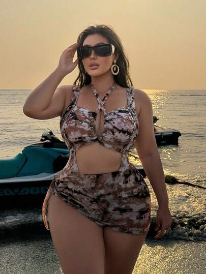 Swim SXY Conjunto de traje de baño de una pieza con efecto tie-dye y falda de cobertura con diseño calado para vacaciones de verano en tallas grandes