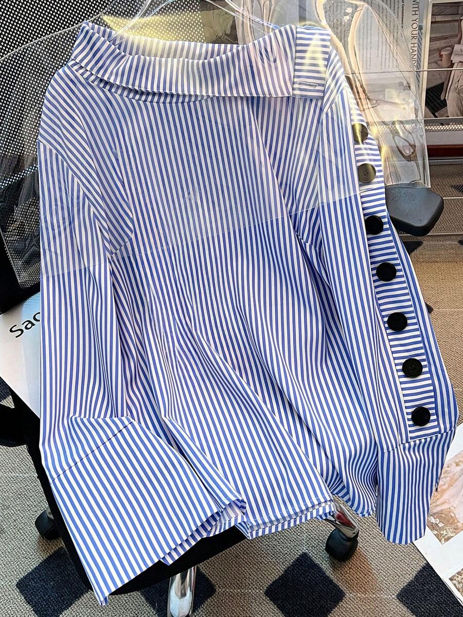 GlowEve CURVE Áo sơ mi dài tay kẻ sọc cổ đứng dành cho nữ cỡ lớn, phù hợp cho việc đi làm và đi chơi. - Màu xanh lam - Xem 1