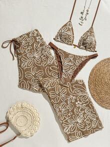 SHEIN Swim Oasis 2026新款春夏女士三件套泳衣，泳裤和裙子，特殊面料沙滩度假优雅休闲泳装套装 - 棕色 - 查看 1