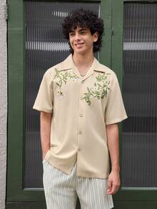 Whitmere Men's Apricot Botanical Short Sleeve Polyester Shirt, Casual, Button Front, Embroidered, Spring/Fall/Summer, Button Down Shirt, Lightweight Gift For Father/ Husband - Apricot - View 3