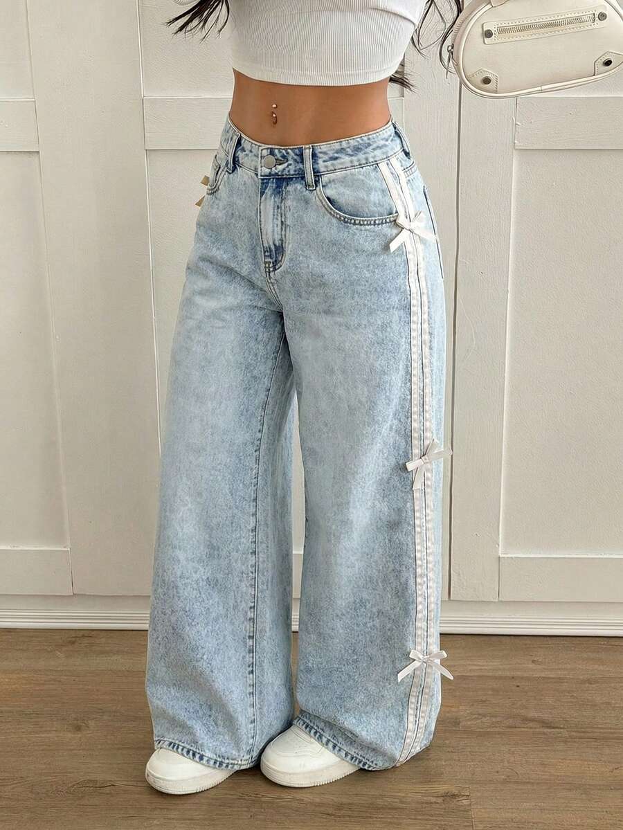 SHEIN PETITE Quần jeans nữ ống rộng cạp thấp phối màu kẻ sọc, kiểu dáng thường ngày, thích hợp cho mùa đông, năm mới, dự tiệc, phong cách đường phố cổ điển. - Rửa nhẹ - Xem 1