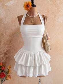 Flirla Women's Elegant Everyday Versatile Commute Casual White Short Dress With Layered Ruffle Hem, Halter Neck Tie Bow - White - View 5