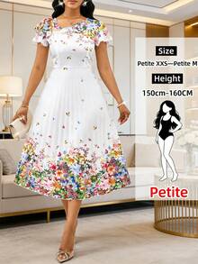 SHEIN Lady Petite Elegantes weißes Blumen Sommerkleid für Frauen, kurzes Trompetenärmel Rundhals Rüschen Midi-Länge Sommerkleid, Brunch Strand Resort Kleidung Hochzeitsgast Party, zierliche Frauen - Verschiedenfarbig - Übersicht 1