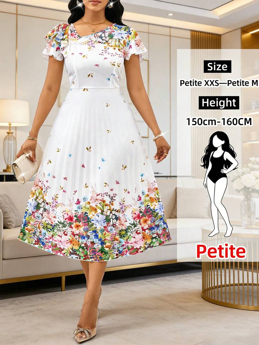 SHEIN Lady Petite Elegantes weißes Blumen Sommerkleid für Frauen, kurzes Trompetenärmel Rundhals Rüschen Midi-Länge Sommerkleid, Brunch Strand Resort Kleidung Hochzeitsgast Party, zierliche Frauen - Verschiedenfarbig - Übersicht 1
