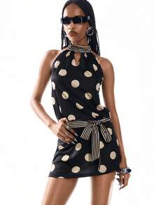 Airlisse V领露背设计性感迷你波点条纹印花连衣裙，女士休闲度假装，春季 - 黑色和金色 - 查看 1