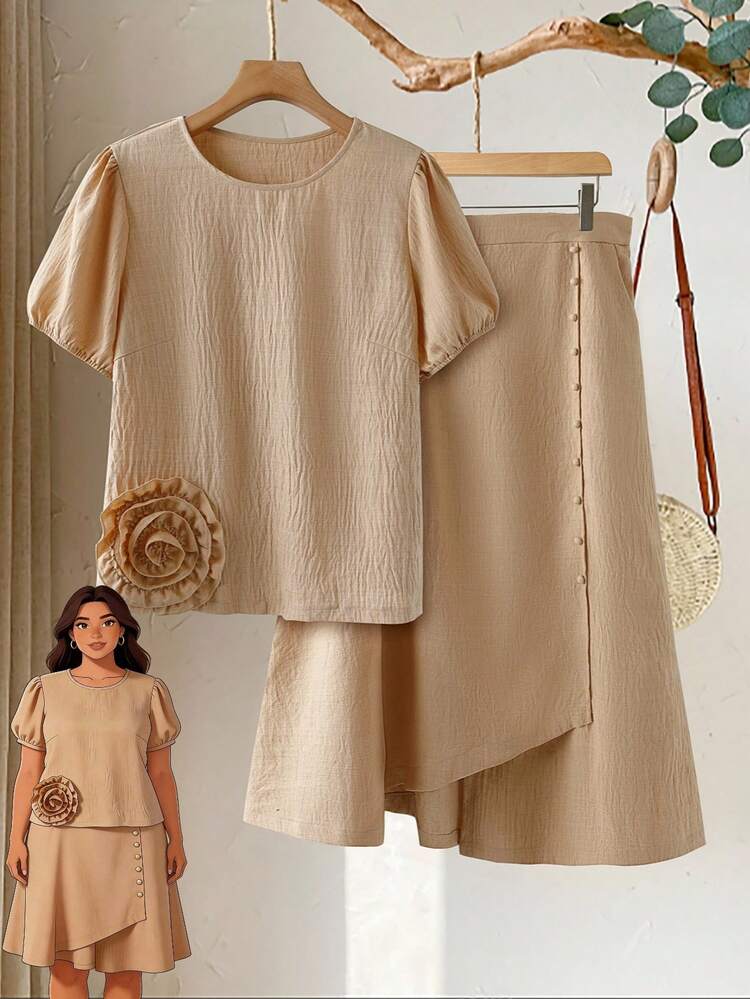 Plus Size Women Casual Short Sleeve Top & Skirt 2 Pieces Set