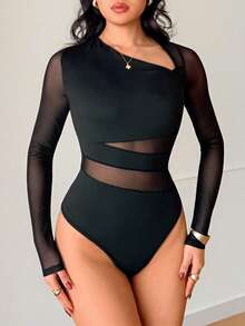 Rafferiza 优雅修身性感斜领网纱拼接棉质长袖黑色连体衣，秋冬款 - 黑色 - 查看 3